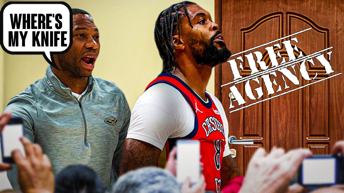 Pelicans' Willie Green asking "Where's my knife" with Naji Marshall walking out a door labeled Free Agency.