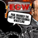 The blacked-out silhouette of D-Von Dudley with a text bubble reading "Paul changed the face of professional wrestling" next to Paul Heyman with the ECW logo as the background.
