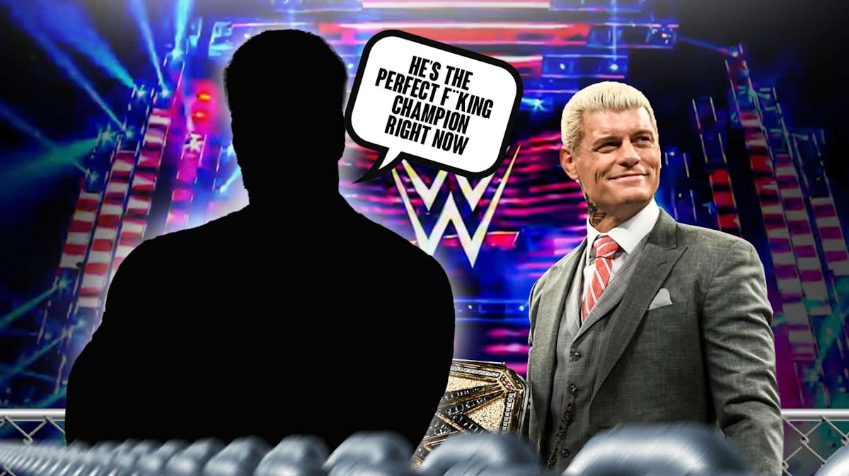 The blacked-out silhouette of Kevin Nash with a text bubble reading, "He’s the perfect f**king champion right now" next to Cody Rhodes with the WWE logo as the background.