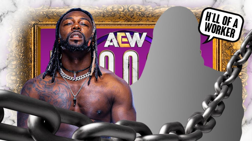 The blacked-out silhouette of Booker T with a text bubble reading "H*ll of a worker" next to Swerve Strickland with the AEW Dynasty logo as the background.