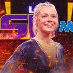 Olivia Dunne stands in front of LSU gymnastics and NCAA logo