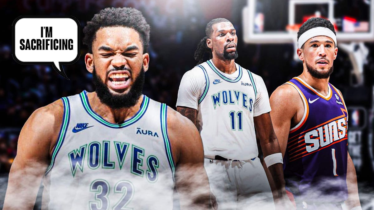 Karl-Anthony Towns front and center saying “I’m sacrificing” next to Naz Reid and Devin Booker.