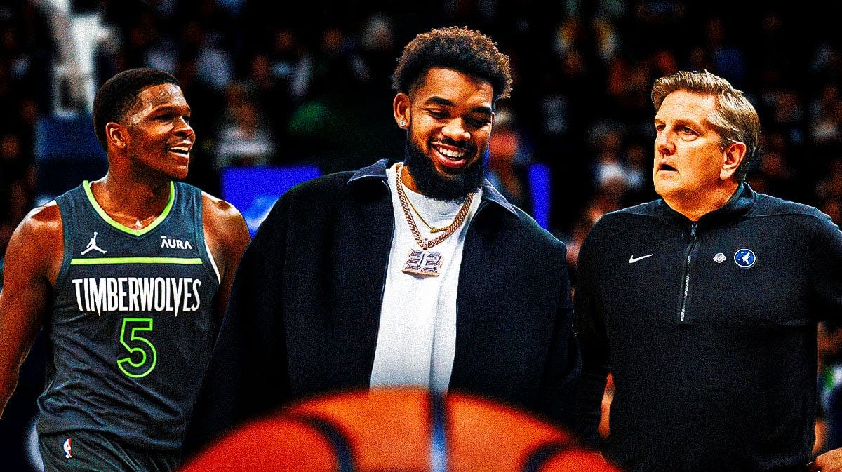 Timberwolves' Karl-Anthony Towns next to Anthony Edwards and Chris Finch.