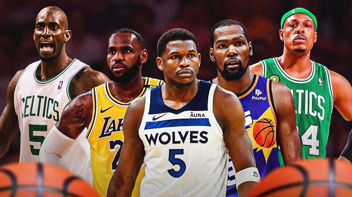 Former NBA player Kevin Garnett, Los Angeles Lakers player LeBron James, Minnesota Timberwolves player Anthony Edwards, Phoenix Suns player Kevin Durant, and former NBA player Paul Pierce