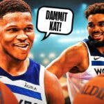 Photo: Anthony Edwards laughing saying "Dammit KAT!", beside Karl-Anthony Towns, both of them in Timberwolves jerseys