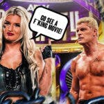 Toni Storm with a text bubble reading "Go see a f**king movie!" next to Cody Rhodes with the AEW Dynasty logo as the background.