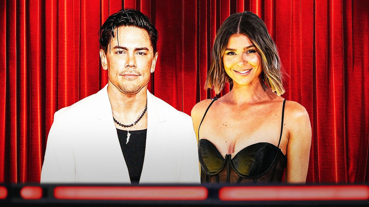 Tom Sandoval and Rachel Leviss with red curtain behind them