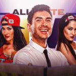 Tony Khan with Nikki Bella on his left and Brie Bella on his right with the AEW logo as the background.