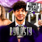 Tony Khan with a text bubble reading "I think it made a lot of sense" next to CM Punk and Jack Perry with the AEW Dynasty logo as the background.