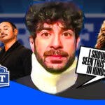 Neck brace Tony Khan with a text bubble reading "I should have seen this coming, in hindsight" with the 2024 Young Bucks on his left and 2024 Jack Perry on his right with the 2024 NFL Draft logo as the background.
