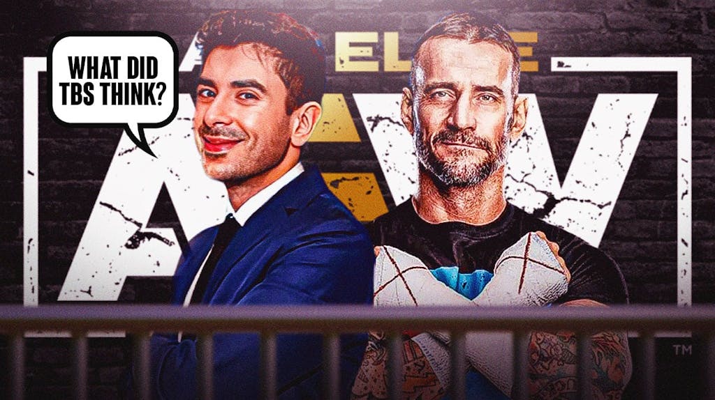 Tony Khan with a text bubble reading "What did TBS think?" next to CM Punk with the AEW Dynamite logo as the background.