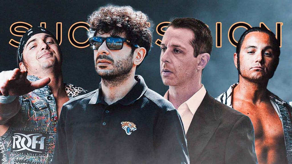 Tony Khan next to Kendell Roy from Succession with Nicolas Jackson of the Young Bucks on the left and Matthew Jackson of the Young Bucks on his right the Succession logo as the background.