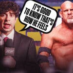Tony Khan with a text bubble reading "It's good to know that's how he feels" next to Bill Goldberg with the AEW logo as the background.