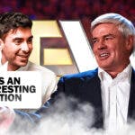 Tony Khan with a text bubble reading "That's an interesting question" next to Eric Bischoff with the AEW logo as the background.