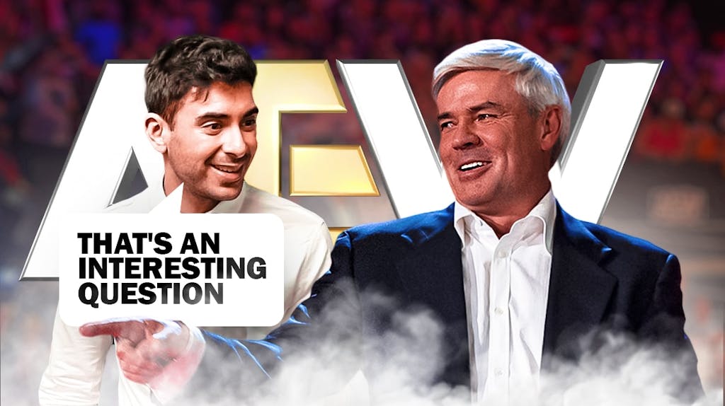Tony Khan with a text bubble reading "That's an interesting question" next to Eric Bischoff with the AEW logo as the background.