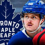 William Nylander in middle of image looking stern with first aid kit in image, Toronto Maple Leafs logo, hockey rink in background