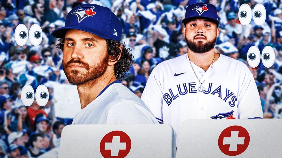 Jordan Romano and Alek Manoah on one side with an injury kit in front of them, a bunch of Toronto Blue Jays fans on the other side with the big eyes emoji over their faces