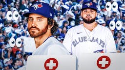 Jordan Romano and Alek Manoah on one side with an injury kit in front of them, a bunch of Toronto Blue Jays fans on the other side with the big eyes emoji over their faces