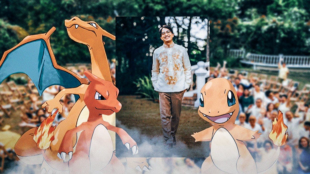 Pokémon-themed wedding outfit features Charmander evolution line