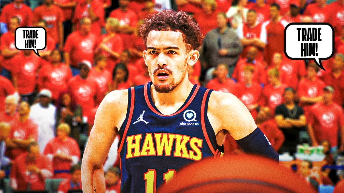 Trae Young on one side, a bunch of Atlanta Hawks fans on the other side with a speech bubble that says "Trade him!"