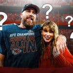 Taylor Swift and Travis Kelce with question marks
