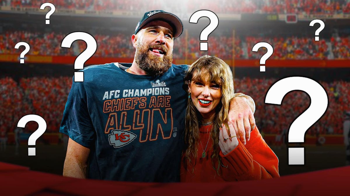 Taylor Swift and Travis Kelce with question marks