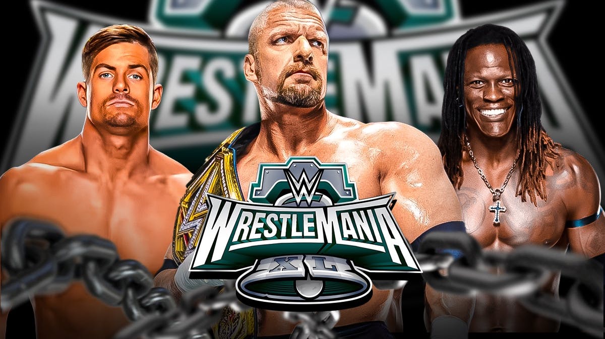 Grayson Waller on the left, Triple H in the middle and R-Truth on the right with the WrestleMania 40 logo as the background.
