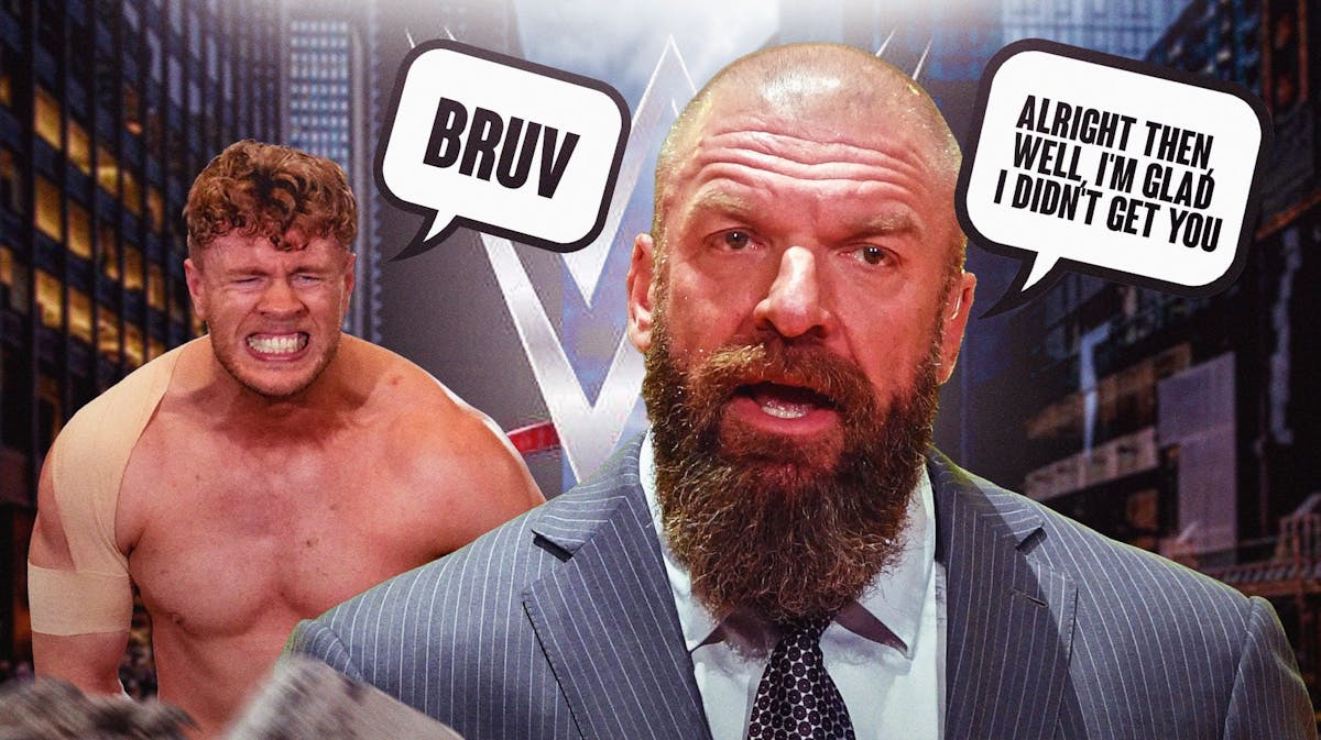 Triple H with a text bubble reading "Alright then, well, I'm glad I didn't get you" next to Will Ospreay with a text bubble reading "Bruv" with the WWE logo as the background.