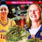 USC coach Lindsay Gottlieb smiling and holding money with JuJu Watkins looking excited