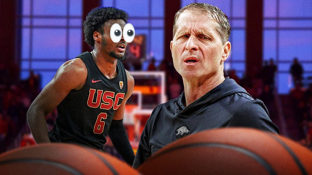 USC basketball star Bronny James looking at Eric Musselman.