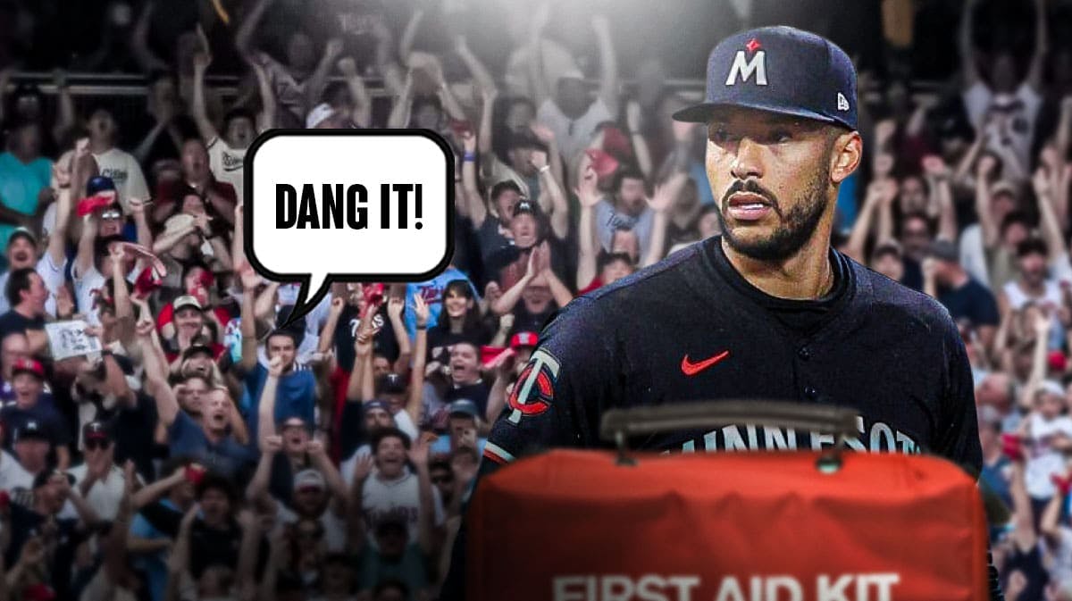 Carlos Correa on one side with an injury kit in front of him, a bunch of Minnesota Twins fans on the other side with a speech bubble that says "Dang it!"