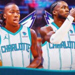 Chicago Bulls shooting guard Ayo Dosunmu wearing a Charlotte Hornets jersey with a basketball, next to Atlanta Hawks forward A.J. Griffin also wearing a Charlotte Hornets jersey. A couple of Charlotte Hornets logos added in the background.