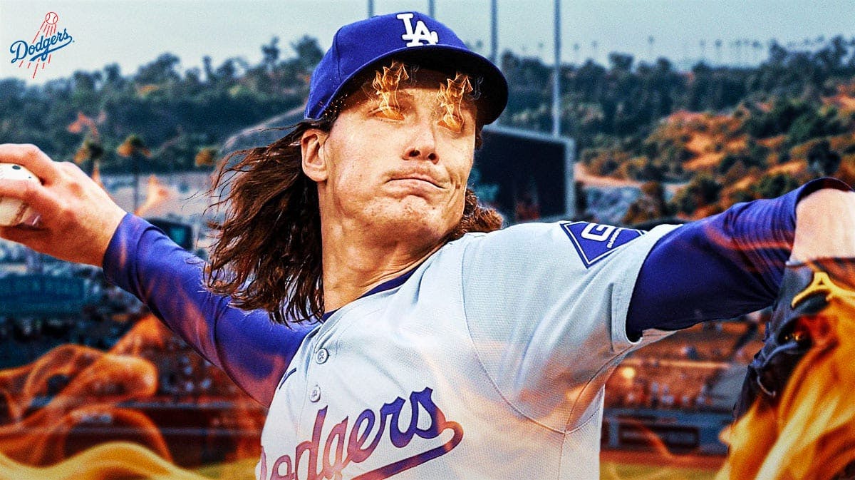 Dodgers Tyler Glasnow with fire in his eyes and surrounded by fire