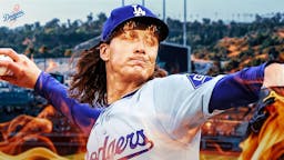 Dodgers Tyler Glasnow with fire in his eyes and surrounded by fire