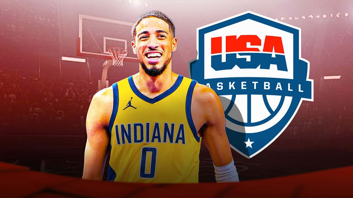 Pacers' Tyrese Haliburton stand next to Team USA Olympics basketball logo