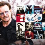 U2 lead singer Bono with Achtung Baby album cover and Sphere background.