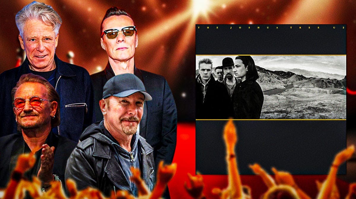 U2 members Adam Clayton, Bono, Larry Mullen Jr., and The Edge with The Joshua Tree album cover.