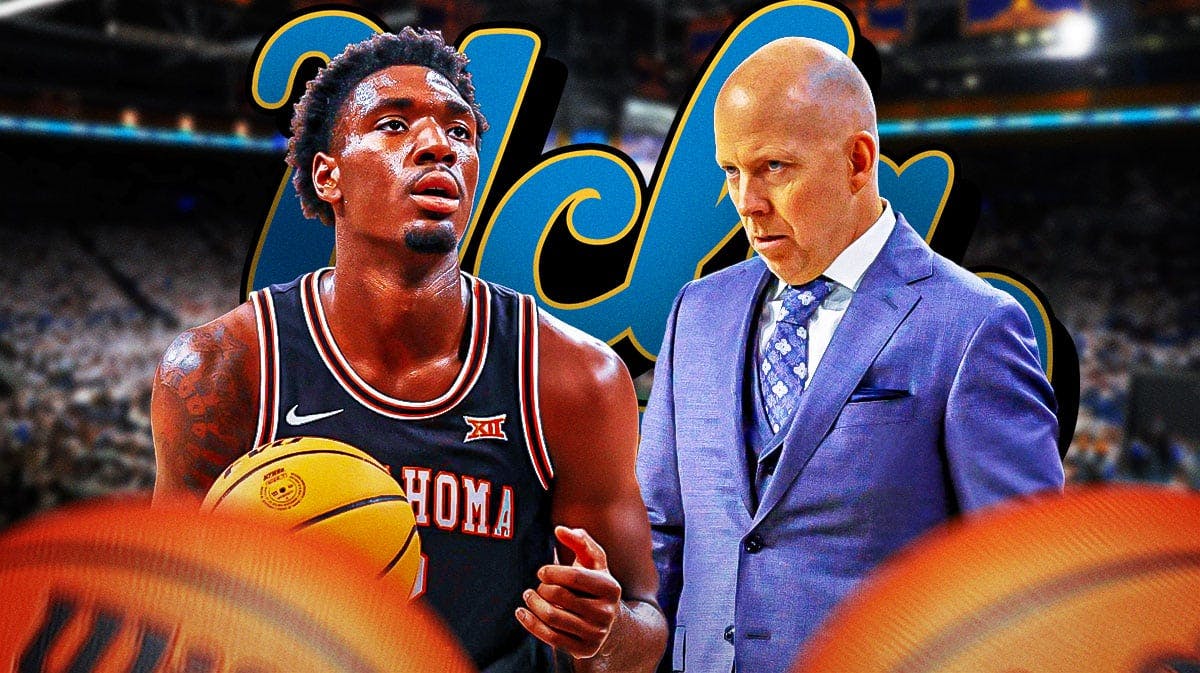 Ex-Oklahoma State forward Eric Dailey Jr. stands next to UCLA's Mick Cronin, college basketball transfer portal reporters on sidelines