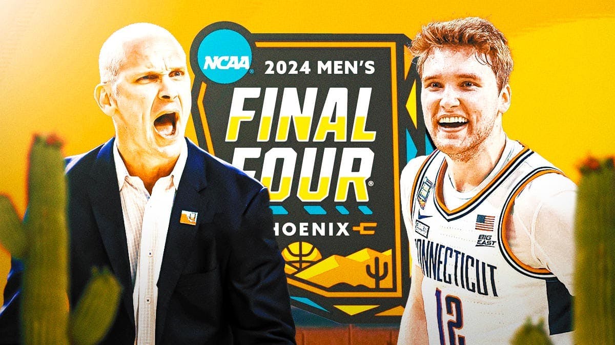 UConn coach Dan Hurley looking angry, Cam Spencer smiling, and the NCAA Tournament Final Four logo