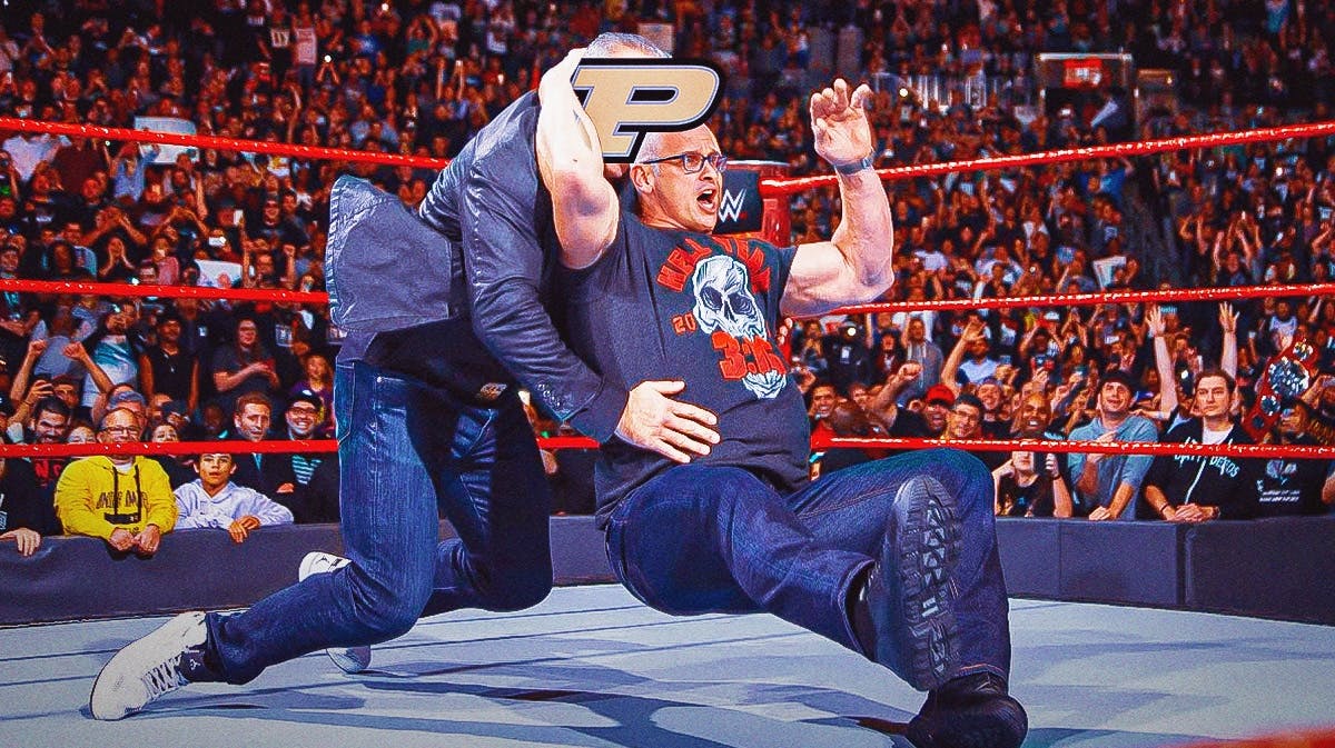 Dan Hurley (UConn basketball) as Stone Cold (RIGHT) and logo of Purdue Boilermakers on the face of the other guy.