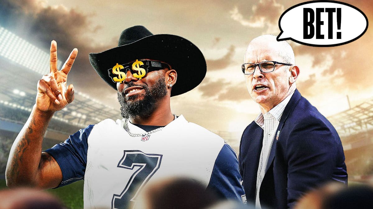 Dez Bryant with dollar signs on his eyes. Dan Hurley with speech balloon that says, BET!