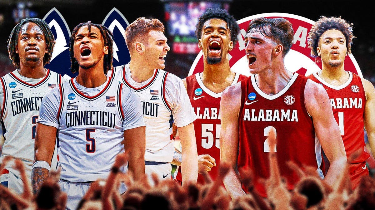 Stephon Castle, Donovan Clingan, Tristen Newton on one side with UConn logo in front. On other side is Grant Nelson, Mark Sears, Aaron Estrada with Alabama logo in front.