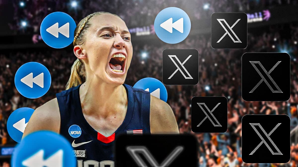 UConn Women's basketball's Paige Bueckers with rewind and X (Twitter) logos surrounding her