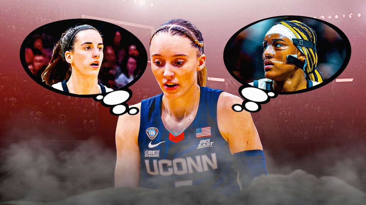 UConn's Paige Bueckers looking sad, with two thought bubbles, one containing image of Iowa's Caitlin Clark and one containing image of Aaliyah Edwards