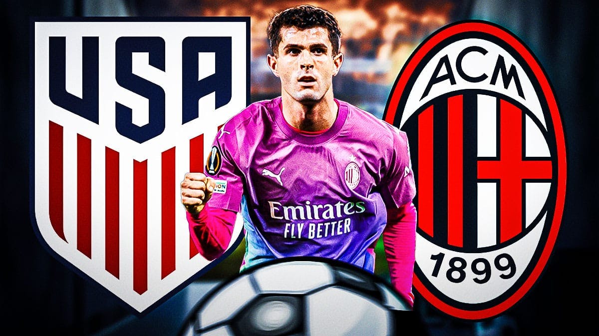 Christian Pulisic celebrating in front of the USMNT and AC Milan logo
