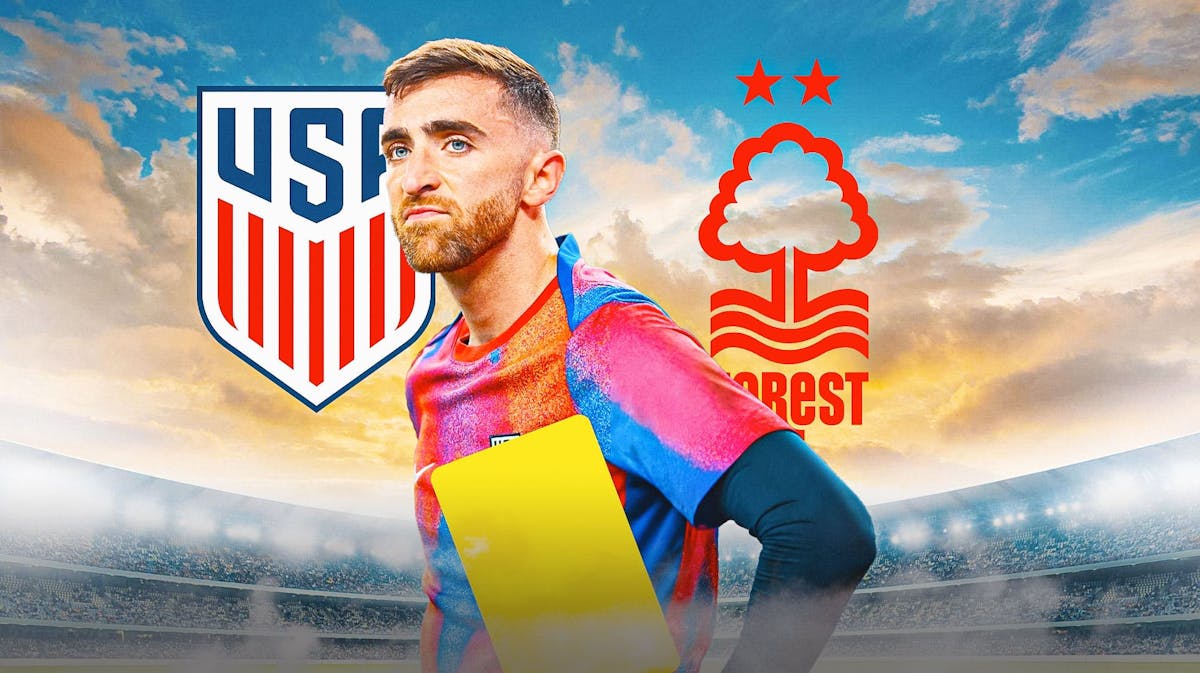 Matt Turner in front of the USMNT and Nottingham Forest logos, a yello card in front of him