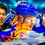 Dakota Joshua in image looking happy with fire around him, Quinn Hughes and Elias Lindholm on either side, Vancouver Canucks logo, hockey rink in background