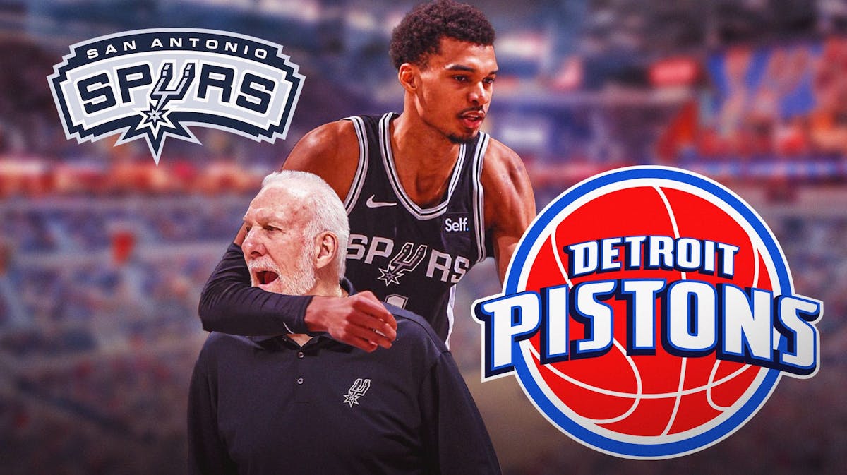 Image: possible to do Victor Wembanyama putting Gregg Popovich in a headlock? Also: San Antonio Spurs logo, Detroit Pistons logo