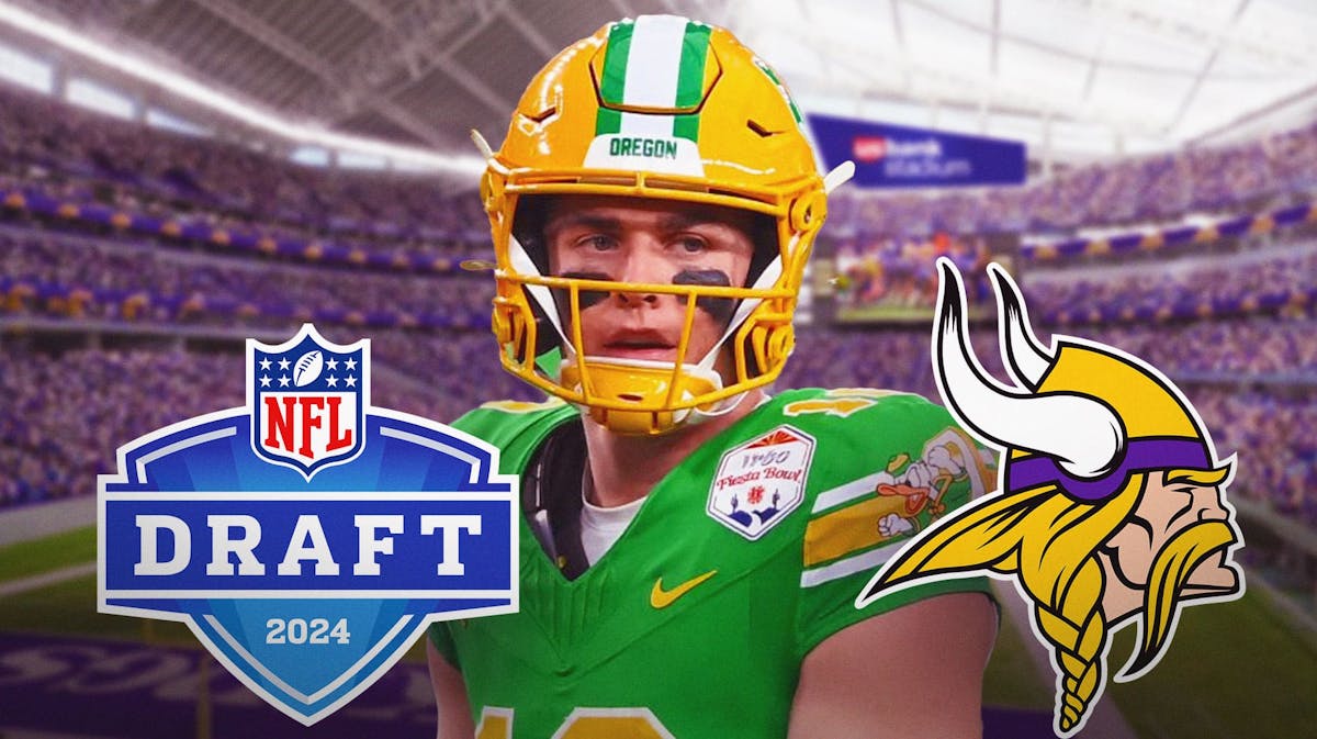 Bo Nix stands next to Vikings, NFL Draft logo while Drake Maye, Patriots logo in background