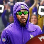 Justin Jefferson on one side, a bunch of Minnesota Vikings fans on the other side with a speech bubble that says "Uh oh"